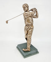This bronze figure of golfer Ernie Els at the end of his swing has a clear presence and lasting appeal. It will endure as a perpetual trophy or offer years of pleasure as a gift. An original sculpture, it is a much-favoured representation of the end of the swing with a first-class casting of the club chosen properly for this shot.