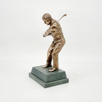 The artist's skill on every element on this trophy is inspiring, from the shoes to the club. The modelling of the golfer's hands is especially fine and the bend of his knees makes for a successful shot. A very attractive trophy for any title