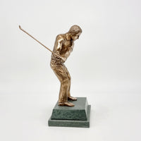 The artist's skill on every element on this trophy is inspiring, from the shoes to the club. The modelling of the golfer's hands is especially fine and the bend of his knees makes for a successful shot. A very attractive trophy for any title
