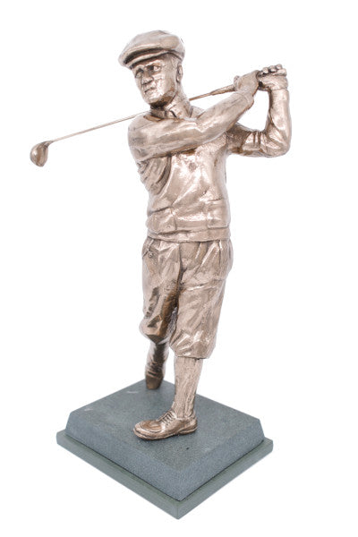Golf trophy portrait of Bobby Jones - 13"/33.5cm, bronze, award This figure of Bobby Jones is a beautiful piece of sculptural skill and a fitting tribute to the great man. How can a man who so laid back be so successful? It is also an outstanding example of the golfer's wardrobe which any player of the time would not be without.