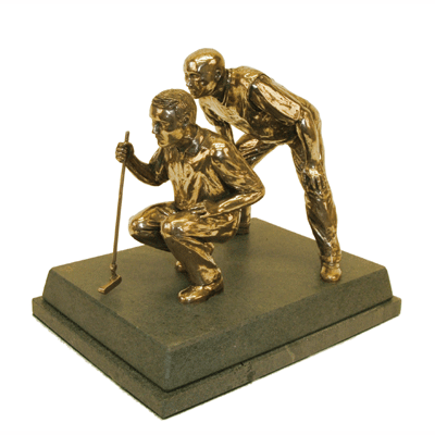 This handmade pairs study consists of two distinguished sculptures set on a two tier green Lakeland slate base. The tableaux shows a great team playing to win by pooling their skills and experience. The highly-skilled artist Ellinor Atkinson has expertly captured the concentration required for best possible play. This sculpture pair is made with top-quality materials including real bronze, in a bright finish mounted on Lakeland green slate. It is exclusive to Thomas & Peters