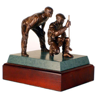 This handmade pairs study consists of two distinguished sculptures set on a twin stone and mahogany base, and would be perfect as a perpetual pairs trophy. The tableaux shows a great team playing to win by pooling their skills and experience.  Every piece is handmade individually through our registered float bronze process. These distinctive pieces will have enduring appeal in any club or home. 