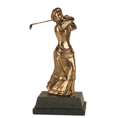 This real bronze Edwardian lady golfer is a charming piece with superb finishing and great details. The bright- finished casting sparkles off the sculpted details. Right down to the full-length skirt in the fashions of the time, this original, hand-crafted piece captures those bygone days beautifully. This classic figure makes a great prize or gift for any golfer and is sure to be much loved for years to come