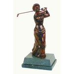 Ladies golf trophies, Edwardian lady golf awardThis real bronze Edwardian lady golfer is a charming piece with superb finishing and great details. The traditional dark patinated finish adds to its nostalgic interest. Right down to the full-length skirt in the fashions of the time, this original, hand-crafted piece captures those bygone days beautifully. This classic figure makes a great prize or gift for any golfer and is sure to be much loved for years to come