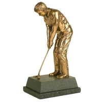 A lovely bronze piece which is truly brought to life by the excellent detail, from the folds of the trousers down to every hair on the golfer's head. This golfer landed in our range by popular request by those who were looking for a putting prize within the tornament, or for the putting competition held for those who could participate in the main event. This figurative trophy has its own ball for the golfer to keep his eye on.