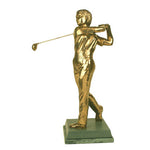 This trophy is a beautiful modern representation of a lady golfer. She demonstrates the balance and power required to deliver the ball with maximum and controlled force. A recent addition to our range, the piece is cast in bright bronze and mounted on green Lakeland Slate. She is a strong presence as a tournament trophy and prize fit for any winnerd