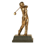This handmade and cast bronze lady golf figure is a perfect illustration of how to finish the swing. In Thomas & Peters' trademark bright bronze finish, it is an ever popular figure and always well received. Showing a dedicated golfer at the close of a perfectly-executed drive,