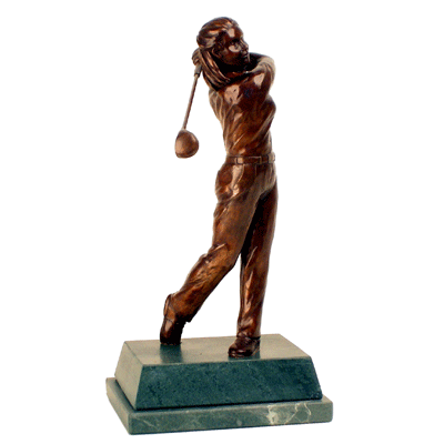 This handmade bronze lady golf figure is a perfect illustration of how to finish the swing. In patinated bronze - famously found on the lions London' of Trafalgar Square - it is an ever-popular figure and always well received. Showing a dedicated golfer at the close of a perfectly-executed drive,
