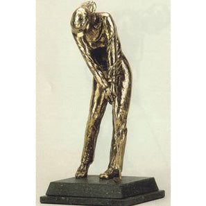This first-class bronze figure portrays the moment after the ball starts flying towards the green following a terrific shot. The visor gives a modern, sporty touch to this graceful figure who is equally popular with all generations. The steadiness and balance contained in this piece is what one sees in the play of a winning golfer