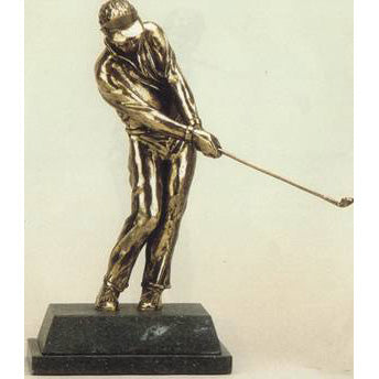 A real bronze piece showing a golfer pitching up to the green. A seriously attractive illustration of this demanding shot. This original sculpture shows a dedicated golfer with perfect pitch and is the ideal choice for a competition prize or gift. The detail is immaculate at this scale, and the smooth texture of the modelling of this sculpture give a unique higher gloss to the polished work. 