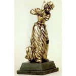This Victorian lady golfer made in real bronze is a charming piece with superb finishing and great details. The traditional dark patinated finish adds to its nostalgic interest. Right down to the full-length skirt in the fashions of the time, this original, hand-crafted piece captures those bygone days beautifully. From the ribboned boater, to the styling of the hair, the elegant face, and the flowing skirt and pointy shoes,