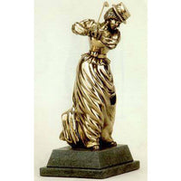This Victorian lady golfer made in real bronze is a charming piece with superb finishing and great details. The traditional dark patinated finish adds to its nostalgic interest. Right down to the full-length skirt in the fashions of the time, this original, hand-crafted piece captures those bygone days beautifully. From the ribboned boater, to the styling of the hair, the elegant face, and the flowing skirt and pointy shoes,