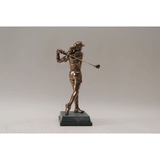 This exclusive bronze figure is an outstanding work of sporting art and deserves the warm commendation it gets from every recipient. They do not come better than this for power and purpose. A modern confident lady prepared to take on anyone on any course, this piece shows a beautifully balanced completion of the stroke. The detail in this figure is an example of the Thomas & Peters hallmark of excellence. Notable points are the visor, the flowing pony tail, the decoration and studs in the shoes