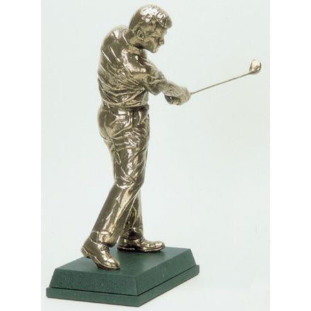 This superb, solid bronze figure demonstrates the disciplines that are essential to the length of drive from the fairway. This golfer is in complete command of his game and the artist has captured this in the strength and position of the shoulders, the head over the ball and the hands wrapped around the club in the way they are.