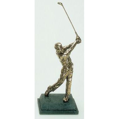 This striking bronze figure shows a dedicated golfer at the end of a perfectly-executed drive. The detail always impresses, down to the separately-cast club to the detail on the shoes and the turn of the body.