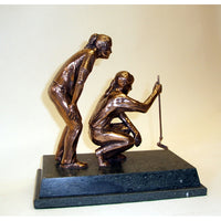 Ladies pairs golf trophiesThis handmade ladies pairs study consists of two distinguished sculptures set on a two tier green Lakeland Slate base. This superbly-finished pair of bronze sculptures shows a great team playing to win by pooling their skills and experience. It is perfect as both a major prize or perpetual pairs trophy
