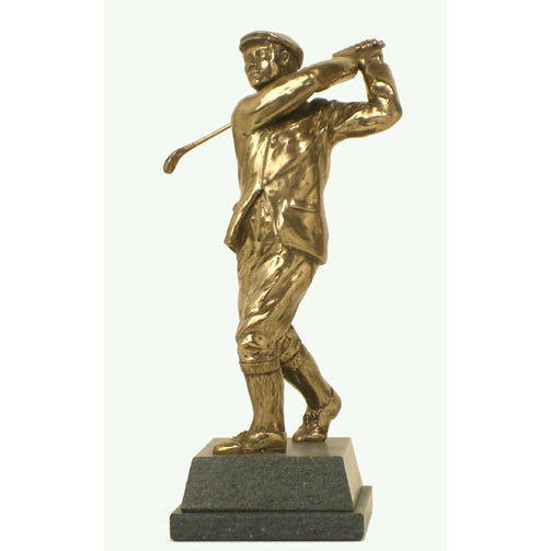This real bronze Edwardian Golfer is a charming piece with superb finishing and great details. This bright bronze version of the trophy - also available in the darker patinated finish - absolutely sparkles. Right down to the plus-fours, this original, hand-crafted piece captures the bygone days beautifully