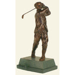 This real bronze Edwardian Golfer is a charming piece with superb finishing and great detail. This patinated version of the trophy - finished in the dark bronze of the lions of Trafalgar Square - has a delightful nostalgic feel. It is also available in the bright bronze finish. Right down to the plus-fours, this original, hand-crafted piece captures the bygone days beautifully.