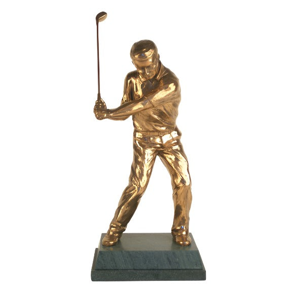 A great approach stroke from the golfer with silky skills and strong wrists - right on target. An award which can sit well on any mantelpiece. This golfer studying his next move captures the intense concentration needed for great play. The artist's skill on every element on this piece is inspiring, from the club to the gofler's belt