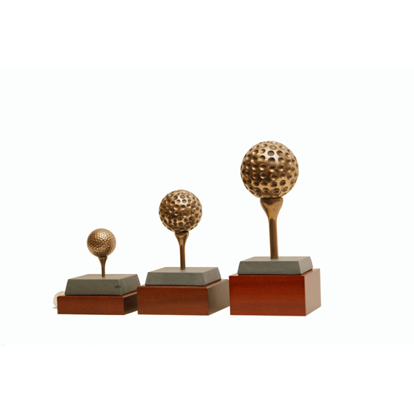 Trio of Bronze Golf balls on bronze tees height 3.5 to 7 inches