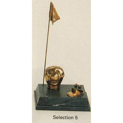 This Tableau consists of a a practice bag with lots of balls in it, a visor which is a gleaming bronze casting, now with 3 balls on the ground and a large and elegant flag. Each of these pieces demands the full range of Thomas & Peters' skil